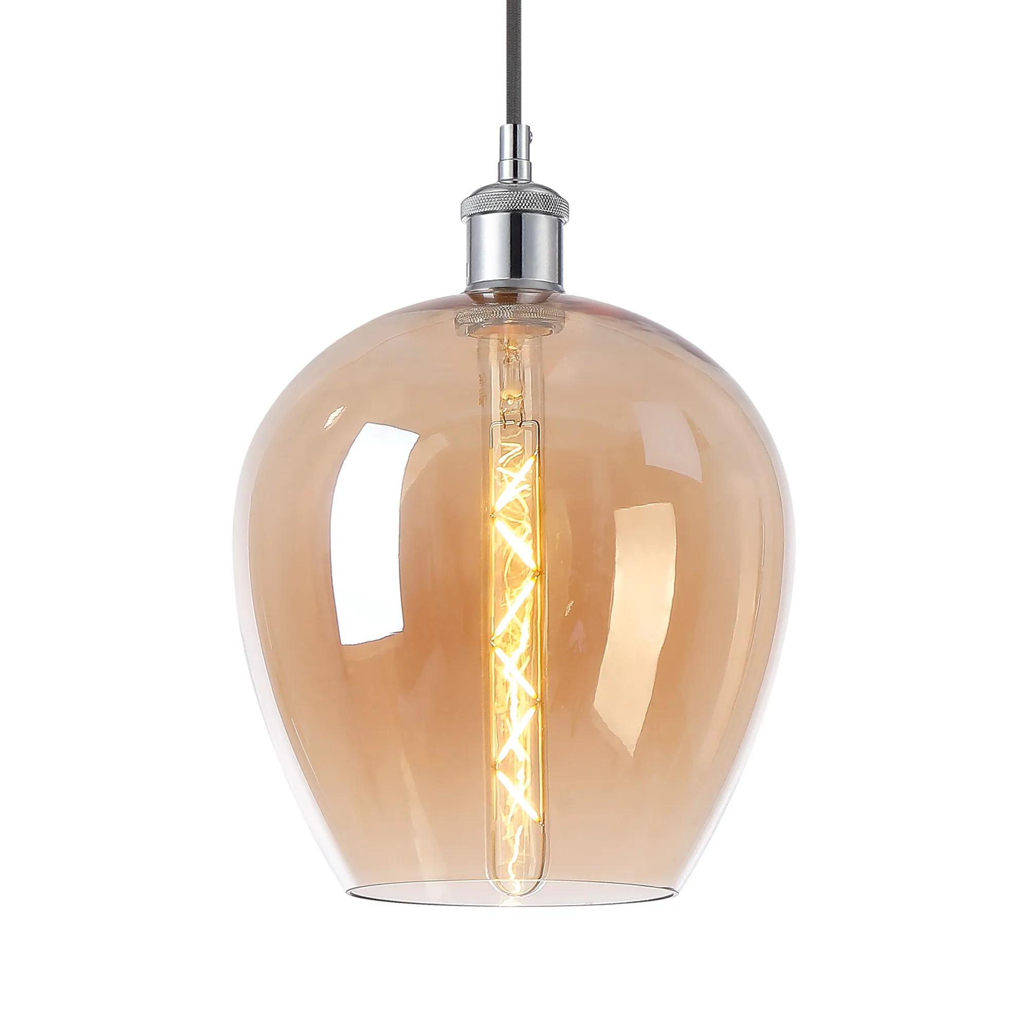 Cawdor Single Pendant, 1 Light E27, Polished Chrome/Black/Amber Wine Glass DK1106  Deco Cawdor